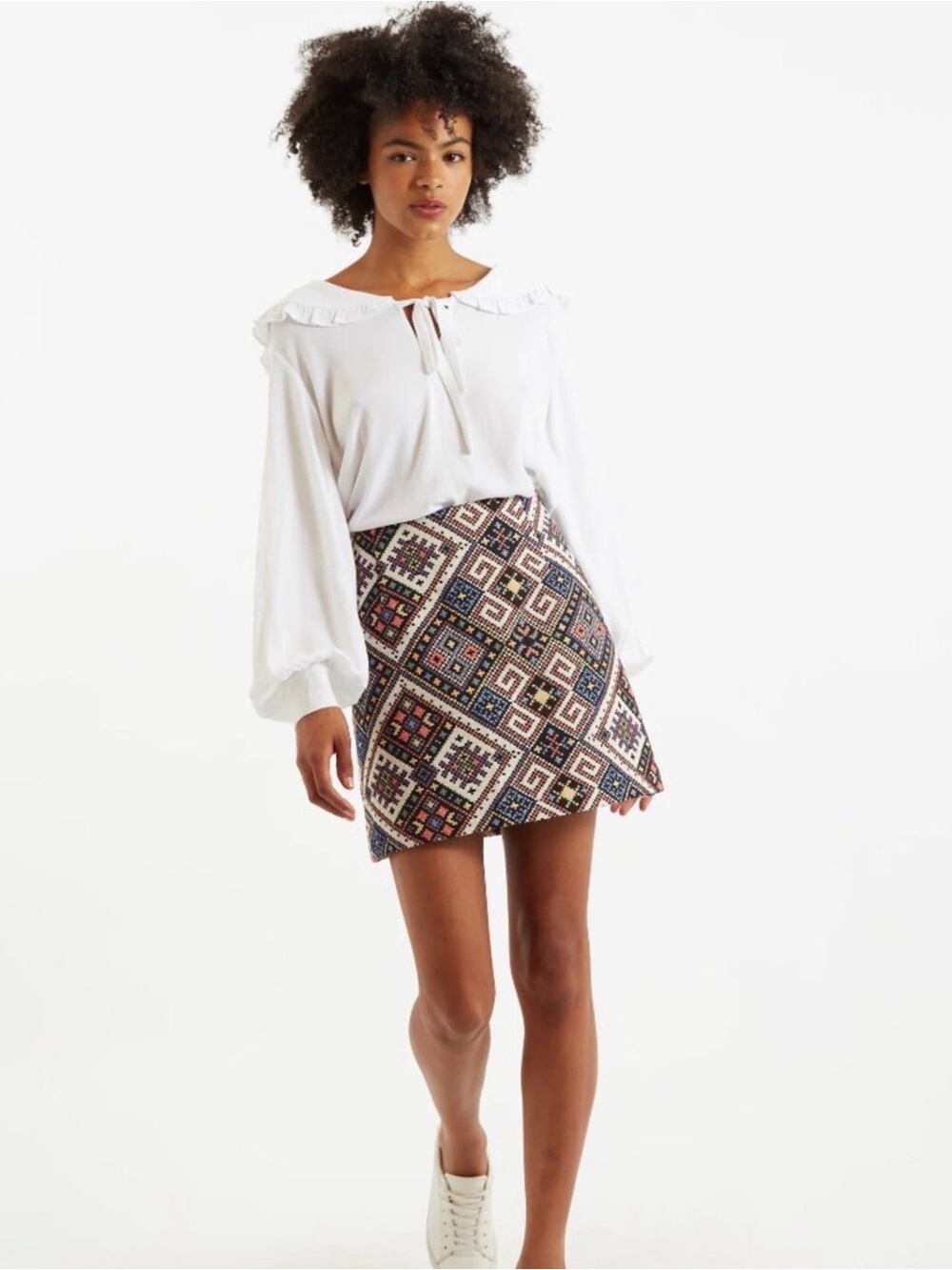 THML Patterned Mini Skirt in Navy, Cream & Rust